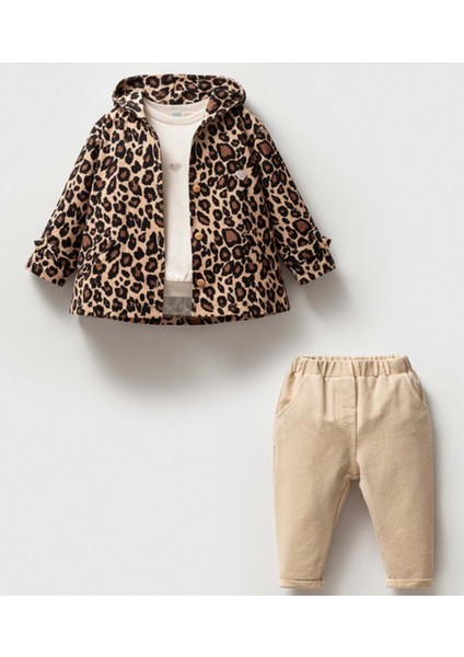 Leopar Montlu Üçlü Alt Üst Takım - Kahverengi - 9 Ay Kahverengi