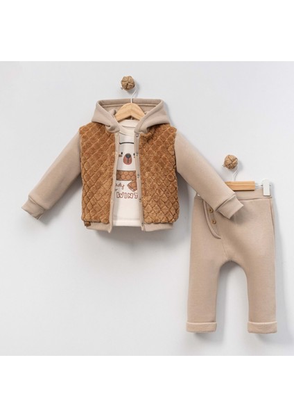 Welsoft Detaylı Kapüşonlu Üçlü Alt Üst Takım - Camel - 12 Ay Camel