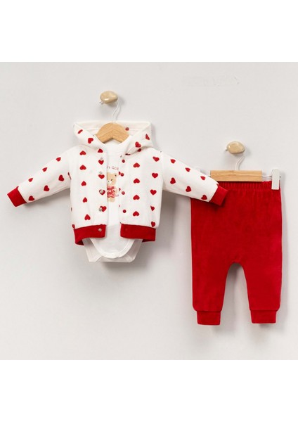 Kalp Detaylı Kadife Üçlü Alt Üst Takım - Kırmızı - 12 Ay Kırmızı