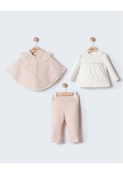 Pelerinli Dantek Detaylı Üçlü Alt Üst Takım - Pudra - 6 Ay Pudra