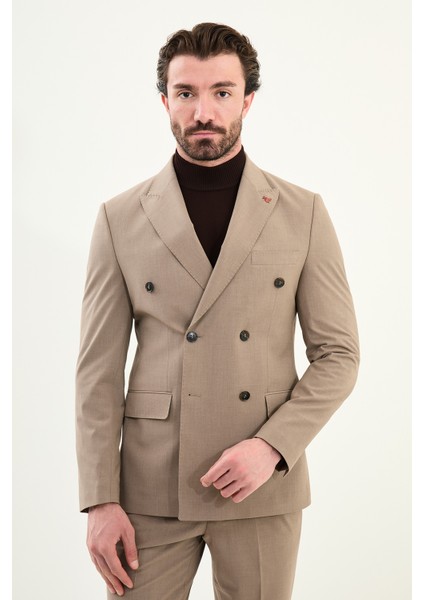 Düz Slim Fit Geniş Yaka Kruvaze Erkek Takım Elbise