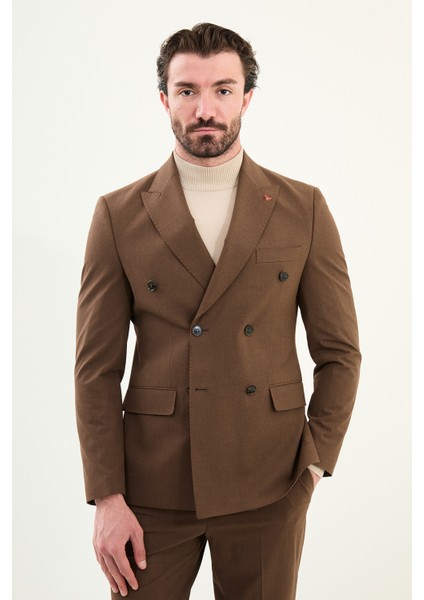 Düz Slim Fit Geniş Yaka Kruvaze Erkek Takım Elbise