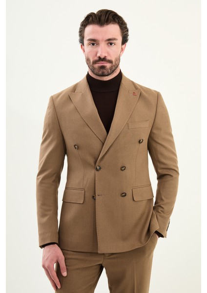 Düz Slim Fit Geniş Yaka Punto Dikiş Kruvaze Erkek Takım Elbise