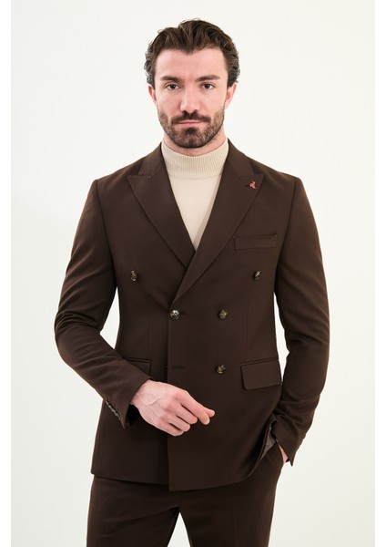 Düz Slim Fit Geniş Yaka Punto Dikiş Kruvaze Erkek Takım Elbise