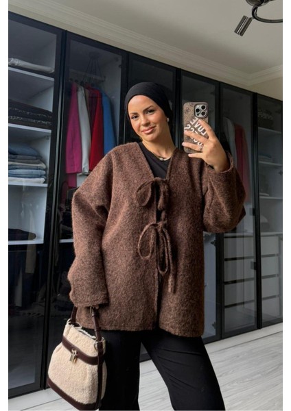 Kadın Kahve Önü Bağlamalı Kırçıllı Ceket