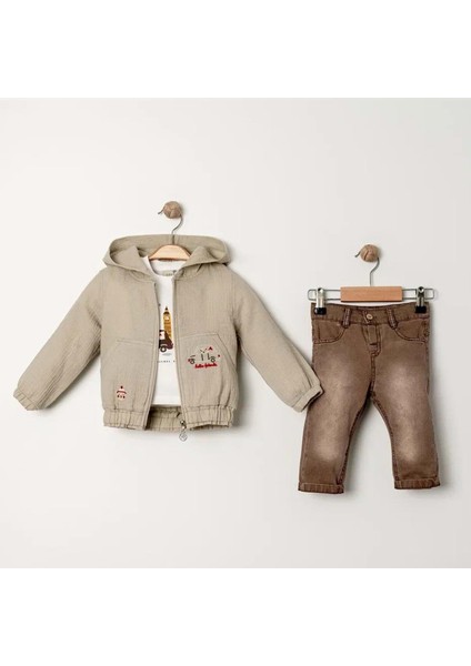 Müslin Montlu Üçlü Alt Üst Takım - Haki - 3 Yaş Haki