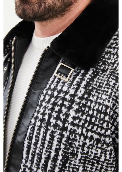 Desenli Siyah Slim Fit Kürklü Yaka Erkek Mont fiyatları