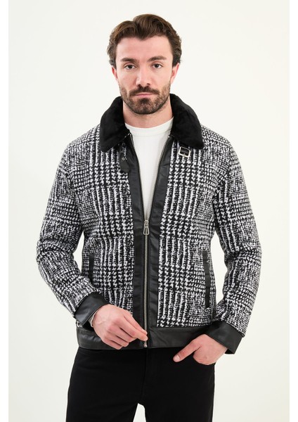 Desenli Siyah Slim Fit Kürklü Yaka Erkek Mont fırsatları