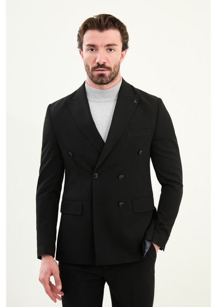Düz Slim Fit Geniş Yaka Punto Dikiş Kruvaze Erkek Takım Elbise