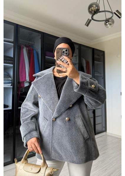 Kadın Gri Kaşe Kruvaze Yaka Düğme Detay Ceket fiyatları