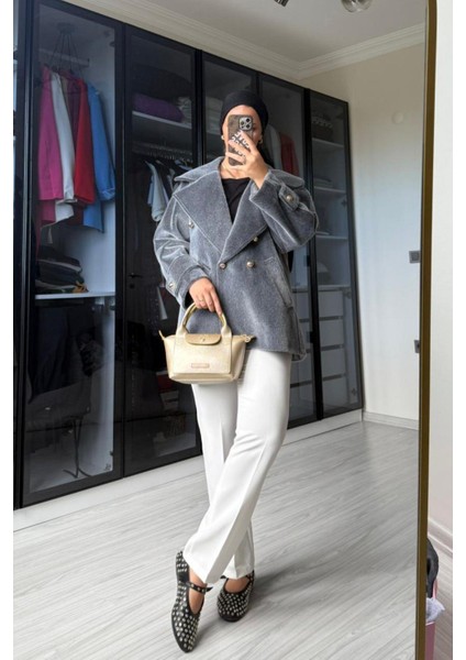 Kadın Gri Kaşe Kruvaze Yaka Düğme Detay Ceket indirimleri