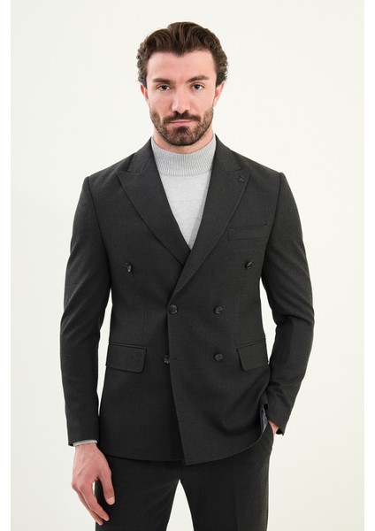 Düz Slim Fit Geniş Yaka Punto Dikiş Kruvaze Erkek Takım Elbise