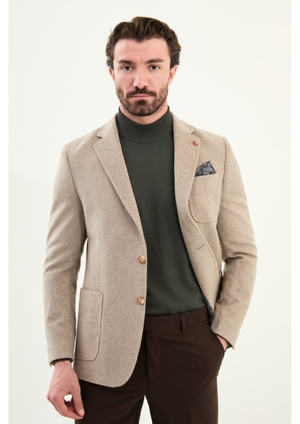 Düz Slim Fit Torba Cepli Mendil Detaylı Yün Erkek Ceket