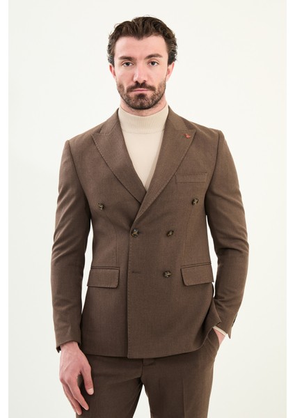 Düz Slim Fit Geniş Yaka Punto Dikiş Kruvaze Erkek Takım Elbise