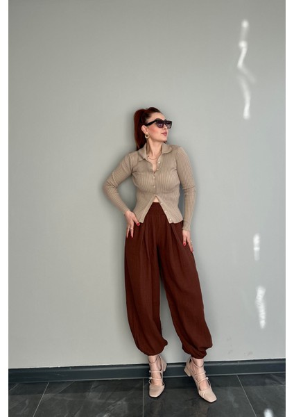 Beli ve Paçası Lastikli Yüksek Bel Kahve Şalvar Kesim Pantolon