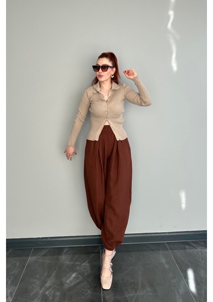 Beli ve Paçası Lastikli Yüksek Bel Kahve Şalvar Kesim Pantolon fiyatları