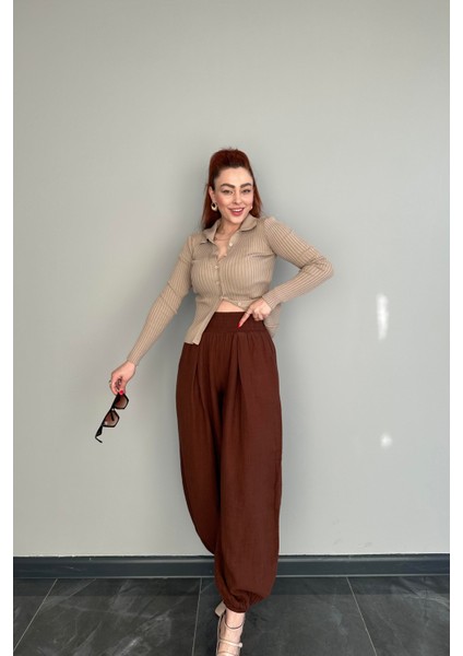 Beli ve Paçası Lastikli Yüksek Bel Kahve Şalvar Kesim Pantolon modelleri