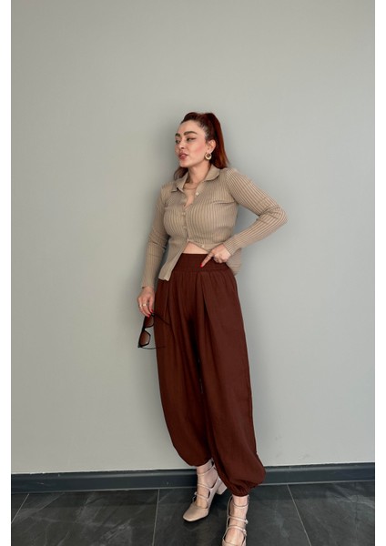 Beli ve Paçası Lastikli Yüksek Bel Kahve Şalvar Kesim Pantolon fırsatları