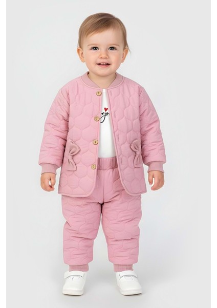 Fiyonk Detaylı Kapitone Üçlü Alt Üst Takım - Pembe - 24 Ay Pembe
