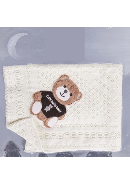 Detaylı Ayıcıklı Triko Battaniye - Krem - 0 - 12 Ay Krem