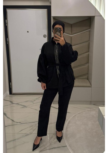 Kadın Siyah Taş Detaylı Bağlamalı Ceket fiyatları