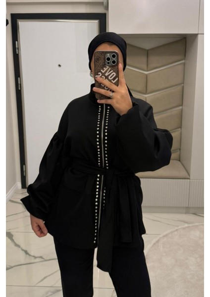 Kadın Siyah Taş Detaylı Bağlamalı Ceket indirimleri