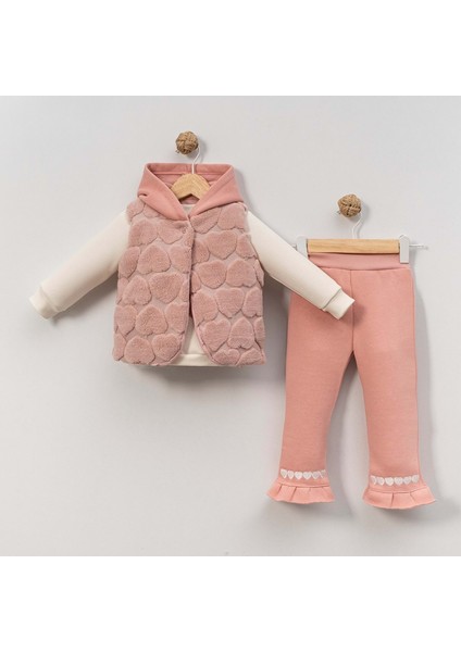 Kapüşonlu Kalp Detaylı Yelekli Alt Üst Takım - Gül Kurusu - 18 Ay Gül Kurusu
