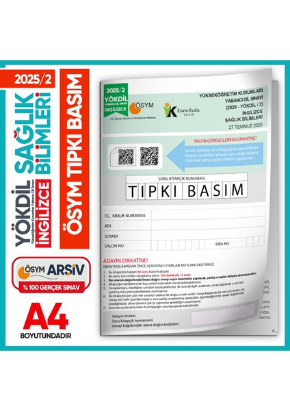 Informal Yayınları 2025/2 Yökdil Ingilizce Sağlık Bilimleri Ösym Çıkmış Soru Tıpkı Basım Deneme Kitapçığı Türkiye Genel
