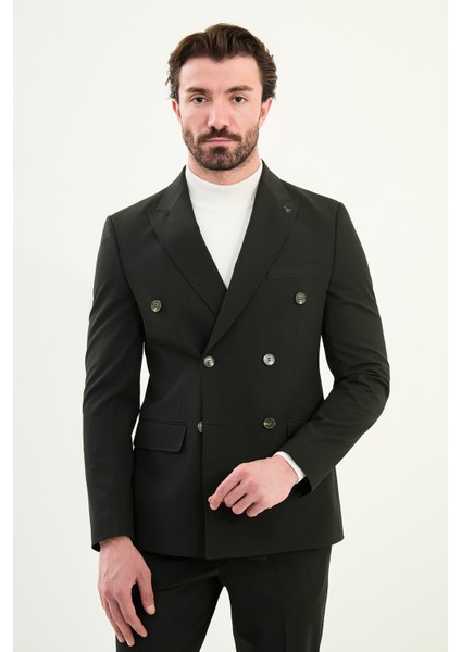 Düz Slim Fit Geniş Yaka Kruvaze Erkek Takım Elbise