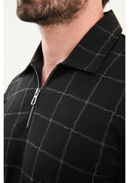 Kareli Slim Fit Polo Yaka Fermuarlı Uzun Kollu Erkek T-Shirt fiyatları