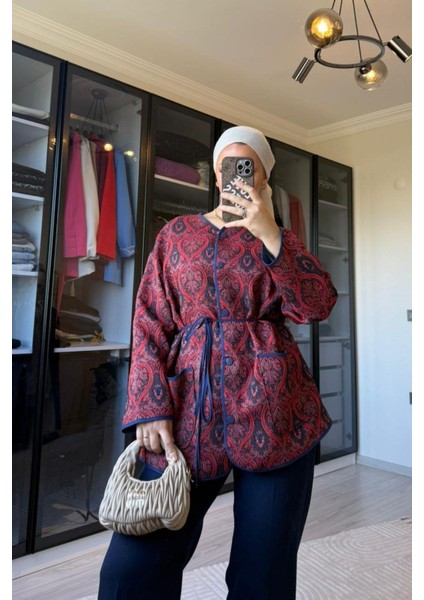 Kadın Lacivert Jakar Biyeli Etnik Desen Ceket modelleri