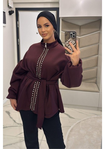 Kadın Bordo Taş Detaylı Bağlamalı Ceket