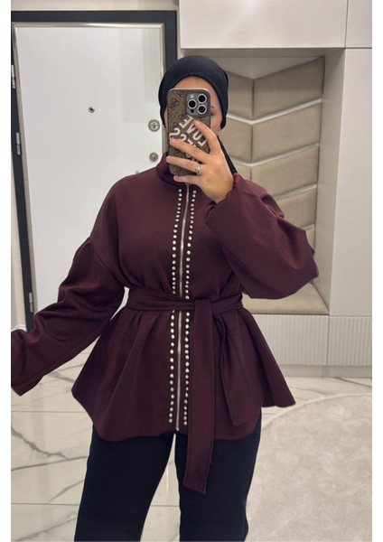 Kadın Bordo Taş Detaylı Bağlamalı Ceket modelleri