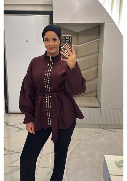 Kadın Bordo Taş Detaylı Bağlamalı Ceket fırsatları