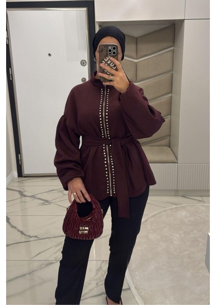Kadın Bordo Taş Detaylı Bağlamalı Ceket indirimleri