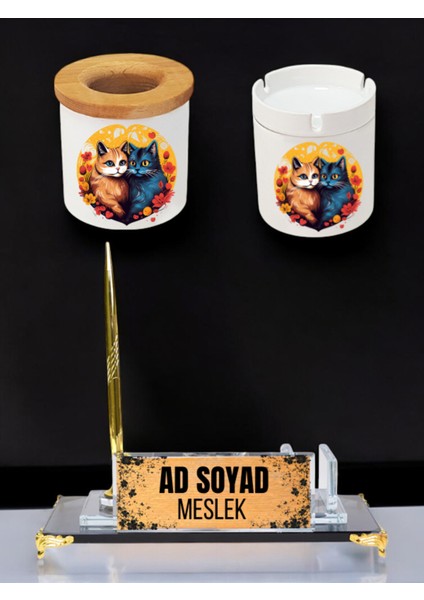 Kedi Aşkı Baskılı Masa Üstü Isimlik, Masa Isimliği - Ofis Masa Isimlik, Küllük Kalemlik Seti