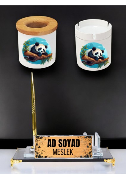 Pandalı Baskılı Masa Üstü Isimlik, Masa Isimliği - Ofis Masa Isimlik, Küllük Kalemlik Seti