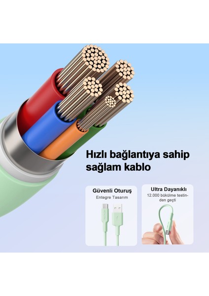 ATC18 Şarj Kablosu 18W 1 Metre Usb’den Type-C’ye, Veri Aktarımı ve Şarj Kablosu, Tablet ve Telefon Android Usb-C, Esnek, Mor