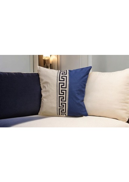 Çift Tarafı Yunan Anahtarı Desenli Premium Dizayn Pamuk Kadife Kırlent Kılıfı