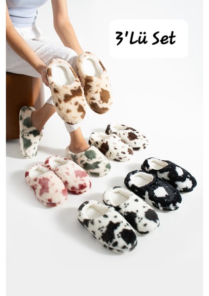 3'lü Set Kadın Kışlık Peluş Ev Terliği Yumuşak Sessiz Taban Günlük Terlik