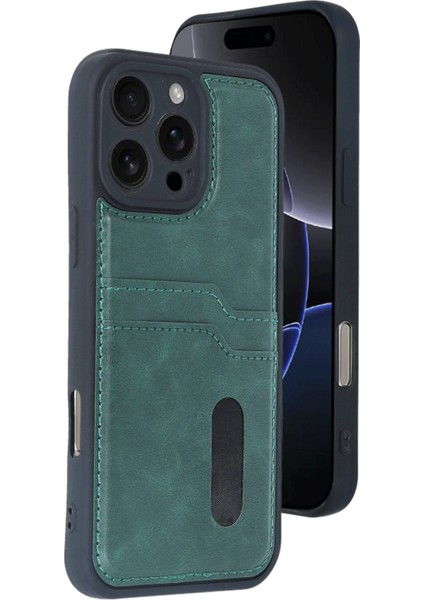 iPhone 16 Pro Kılıf Sara Kartvizitli Deri Kılıf - Koyu Yeşil - A8091-8106 modelleri