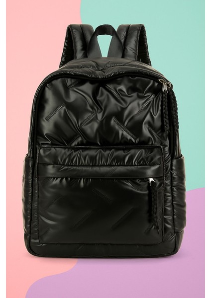 Kabarcık Çizgili Şık, Parlak Hafif Siyah Kadın Sırt Çantası