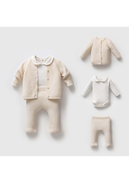 Nipperland Links Triko Hırkalı Pantolonlu Üçlü Alt Üst Takım - Krem - 12 Ay Krem