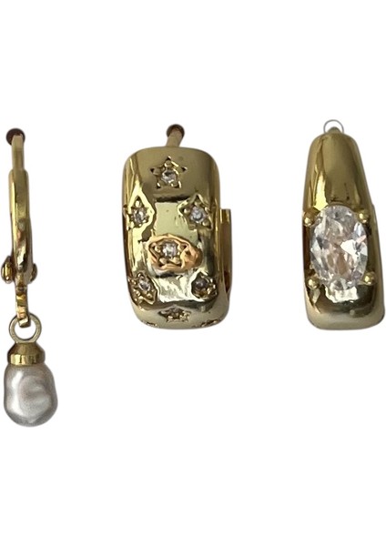 Kadın Küpe Çelik Gold 3lü Küpe Gold Renk Çelik 3’lü Küpe Seti – Inci, Taş ve Yıldız Detaylı Kombin Küpe fiyatları