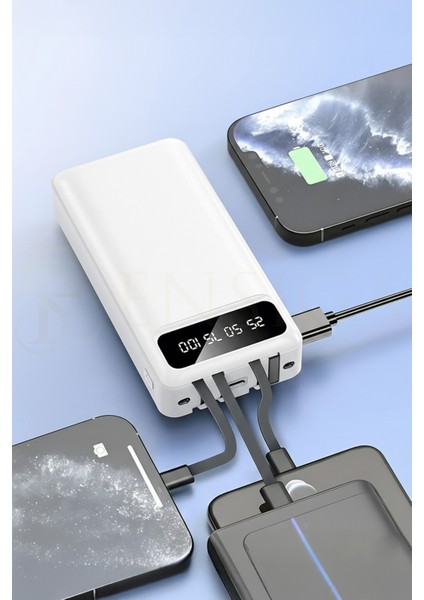 LCD Göstergeli Dahili Kablolu 30.000 Mah Fenerli Telefon Tutuculu Powerbank Beyaz fırsatları