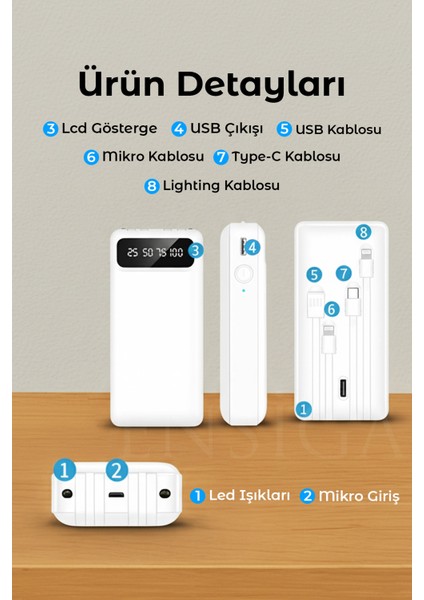 LCD Göstergeli Dahili Kablolu 30.000 Mah Fenerli Telefon Tutuculu Powerbank Beyaz indirimleri