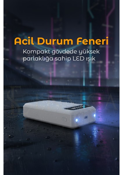 LCD Göstergeli Dahili Kablolu 30.000 Mah Fenerli Telefon Tutuculu Powerbank Beyaz