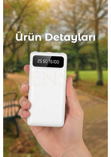 LCD Göstergeli Dahili Kablolu 30.000 Mah Fenerli Telefon Tutuculu Powerbank Beyaz