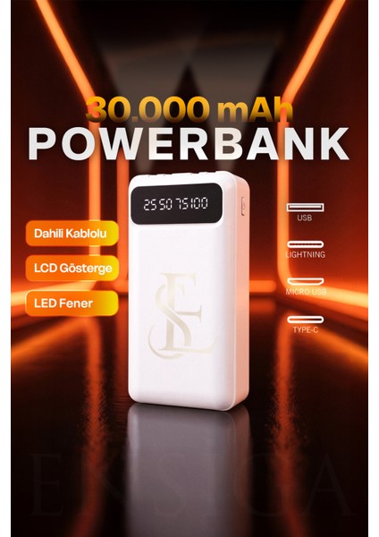 LCD Göstergeli Dahili Kablolu 30.000 Mah Fenerli Telefon Tutuculu Powerbank Beyaz