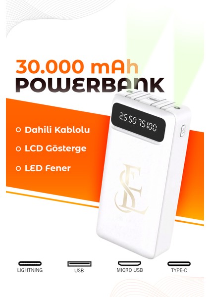 LCD Göstergeli Dahili Kablolu 30.000 Mah Fenerli Telefon Tutuculu Powerbank Beyaz